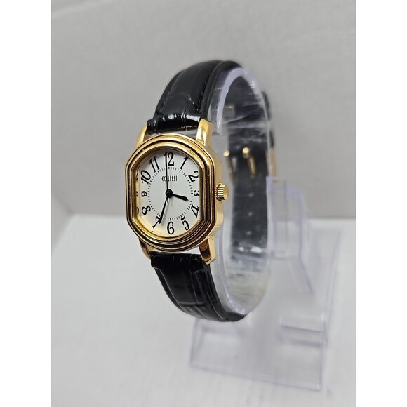 Ecclissi 80195 Womens Gold Tone Cushion Watch Black Leather New Battery Quartz - Picture 2 of 12
